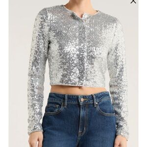$179 NWT Good American Sequin Embellishment Long Sleeve‎ Woven Top Silver Large